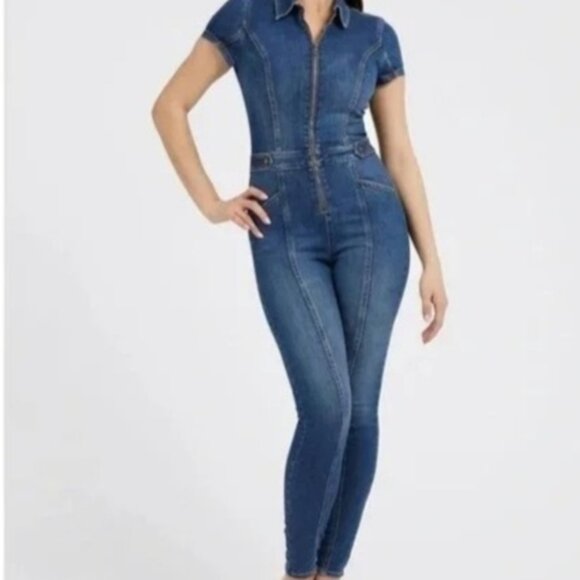 GUESS Collared Denim Jeans Jumpsuit Short Sleeve Zip Front Logo Stretchy Blue XS - Picture 2 of 7